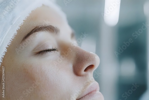 Woman applying a facial mask at a spa for skincare and relaxation photo