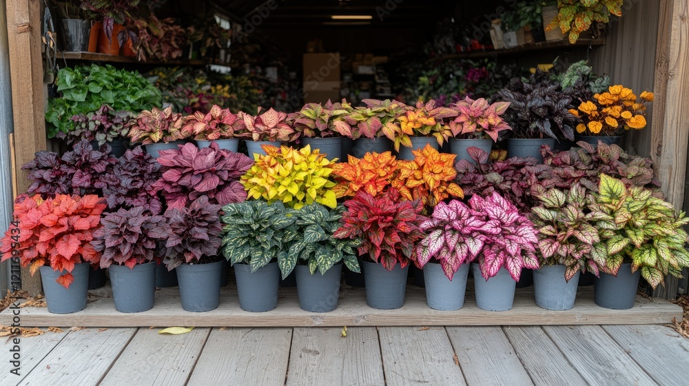Obraz premium Vibrant Iresine Herbs in Colorful Pots: A Greenhouse Display