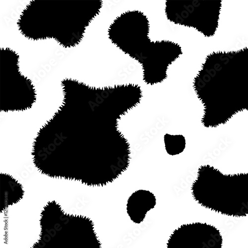 Texture spot, fluffy skin black white cow. Trendy animalistic seamless pattern for fashion, packaging, fabric and more.