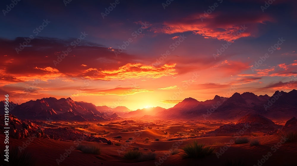 Naklejka premium Breathtaking Sunset Over Desert Landscape with Colorful Skies