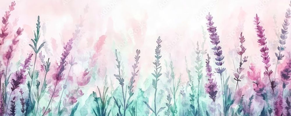 Obraz premium Whimsical watercolor idea. Beautiful watercolor illustration of vibrant lavender flowers in an ethereal setting.