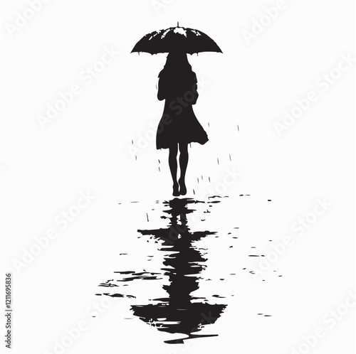Silhouette of a Woman Walking Alone with an Umbrella in the Calm and Quiet Rain Vector