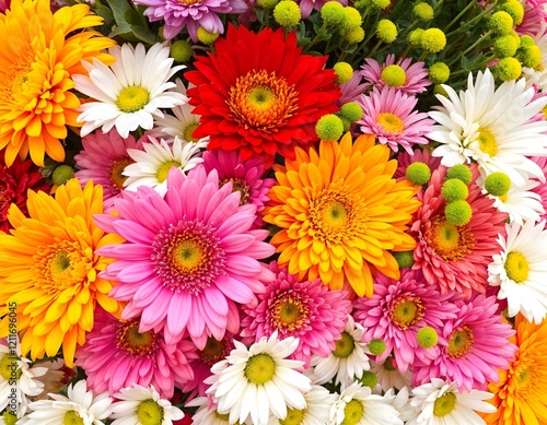 Colorful bouquet of daisies and chrysanthemums in vibrant shades of pink, orange, yellow, and white, creating a lively floral arrangement. Horizontal composition.