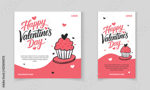 Happy Valentine's Day social media post design with heart shaped cupcake and floating heart