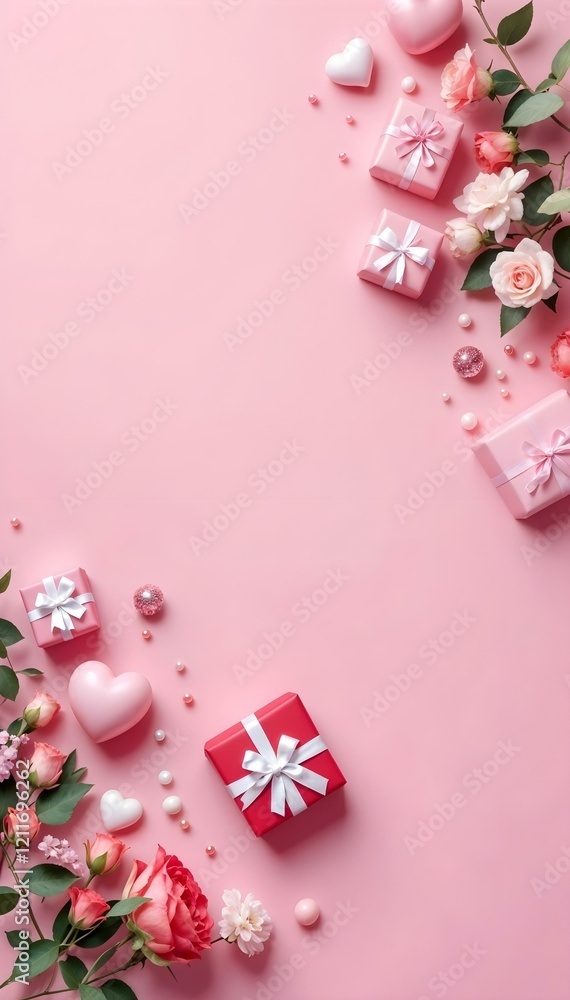 Delicate arrangement of pink and red gift boxes, roses, hearts, and pearls on a soft pastel pink background, perfect for a Valentine's Day social media banner. Delicate arrangement of pink and red gift boxes, roses, hearts, and pearls on a soft pastel pink background, perfect for a Valentine's Day social media banner.