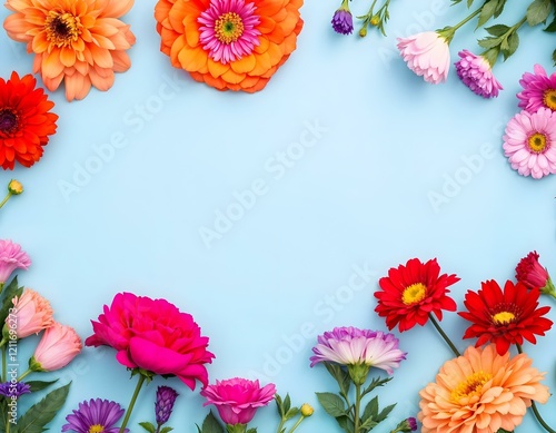 Bright floral frame with pink roses, gerbera daisies, and green leaves on a soft blue background, perfect for a cheerful spring design. Horizontal layout.