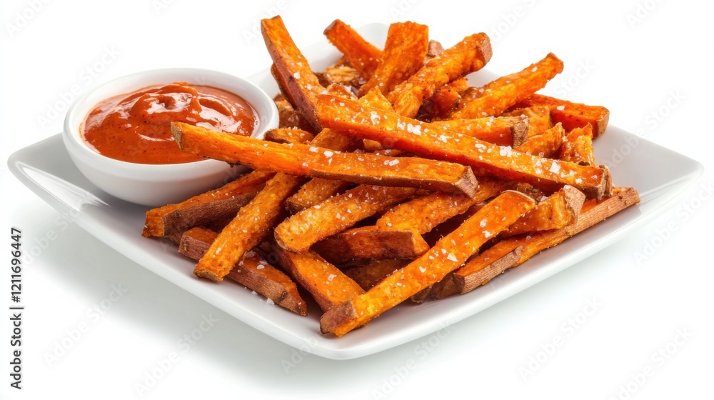 A plate of crispy sweet potato fries seasoned with smoked paprika and sea salt, served with a side of sriracha aioli, Each fry golden and crunchy on the outside A plate of crispy sweet potato fries seasoned with smoked paprika and sea salt, served with a side of sriracha aioli, Each fry golden and crunchy on the outside