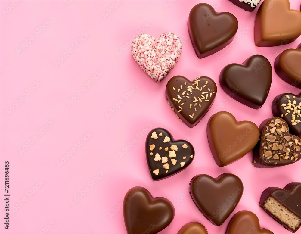 Assorted heart-shaped chocolates with intricate designs arranged on a bright pink background, creating a sweet Valentine's Day treat. Horizontal festive design. Assorted heart-shaped chocolates with intricate designs arranged on a bright pink background, creating a sweet Valentine's Day treat. Horizontal festive design.