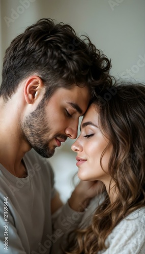 Romantic close-up of a couple gently touching foreheads, sharing an intimate and emotional moment. Vertical composition.