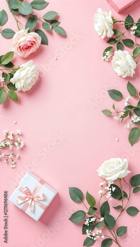 Delicate vertical floral arrangement with pink and white roses, green leaves, and gift boxes on a pastel pink background, perfect for romantic occasions.