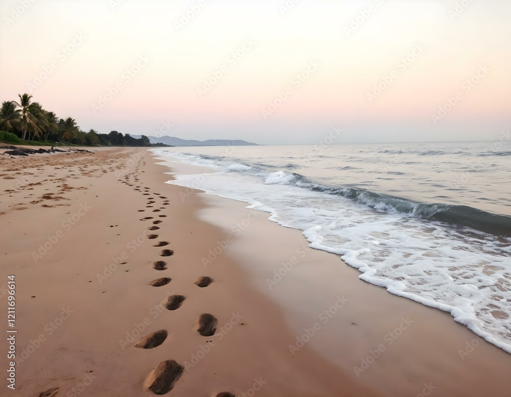 Footprints leading to the gentle waves of the ocean under a pastel pink and blue sky, creating a serene and tranquil beach scene. Horizontal composition. Footprints leading to the gentle waves of the ocean under a pastel pink and blue sky, creating a serene and tranquil beach scene. Horizontal composition.