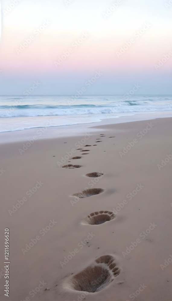 Footprints in the sand leading toward gentle ocean waves at sunset, capturing a serene and tranquil beach moment. Vertical composition. Footprints in the sand leading toward gentle ocean waves at sunset, capturing a serene and tranquil beach moment. Vertical composition.