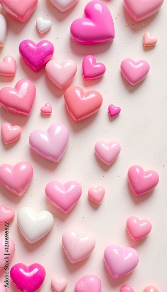 Glossy pink and white hearts scattered on a soft pastel pink background, creating a charming and romantic Valentine's Day design. Perfect for vertical social media banners. Glossy pink and white hearts scattered on a soft pastel pink background, creating a charming and romantic Valentine's Day design. Perfect for vertical social media banners.