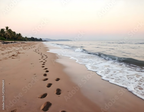 Wallpaper Mural Footprints leading to the gentle waves of the ocean under a pastel pink and blue sky, creating a serene and tranquil beach scene. Horizontal composition. Torontodigital.ca