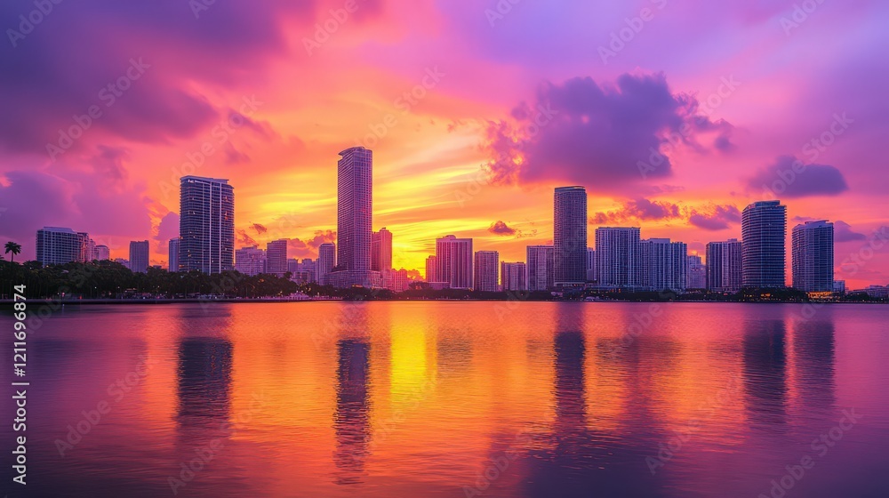 Naklejka premium A tranquil urban skyline during sunset, with vivid orange and purple hues.