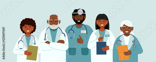 The team of doctors. Concept of medicine, healthcare, clinic, assistance, team. Vector hand drawn illustration.	
