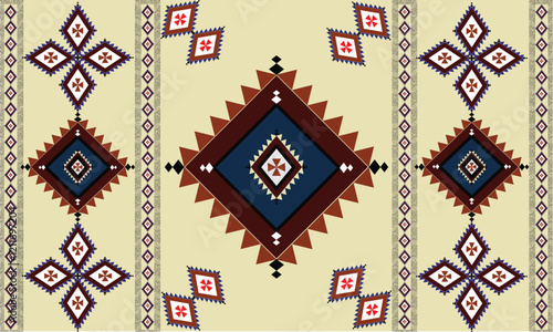 This image showcases a geometric pattern inspired by traditional tribal or ethnic designs. The pattern features a symmetrical arrangement of diamond shapes in earthy tones, including brown, navy blue
