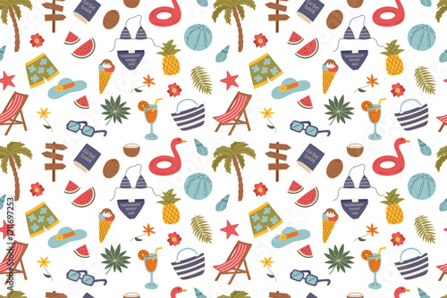 Seamless travel pattern with summer beach objects isolated on white. Travel, vacation, summer, beach concepts. Vector flat background.