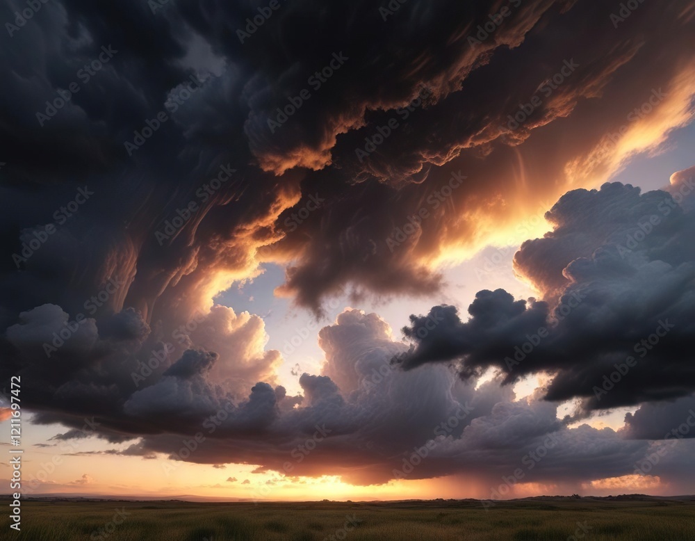 Fototapeta premium Dramatic sky at sunset with dark storm clouds, dramatic, stormy