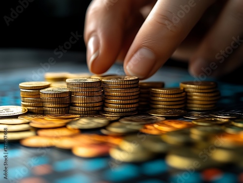 Hand arranging stacks of gold coins on a financial chart.