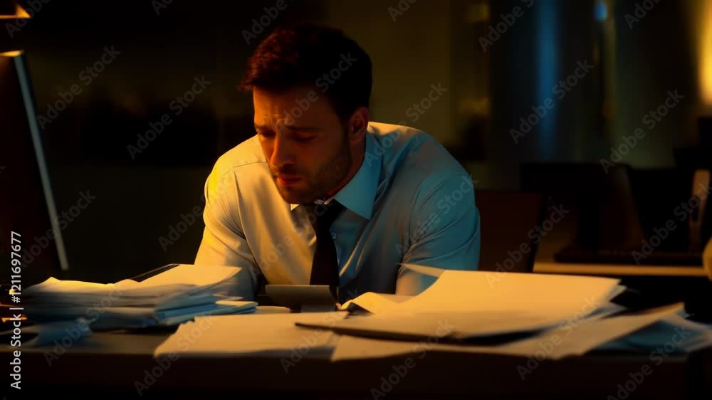 Overworked Businessman Stressed at Night Overworked Businessman Stressed at Night