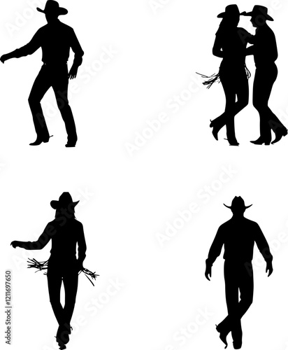 Silhouette of a couple in cowboy hats line dancing. set 