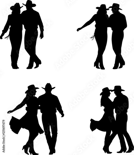 Silhouette of a couple in cowboy hats line dancing. set 