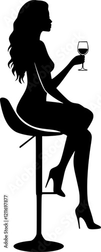 Silhouette of a woman sitting on a barstool with a glass of wine