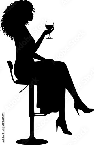 Silhouette of a woman sitting on a barstool with a glass of wine