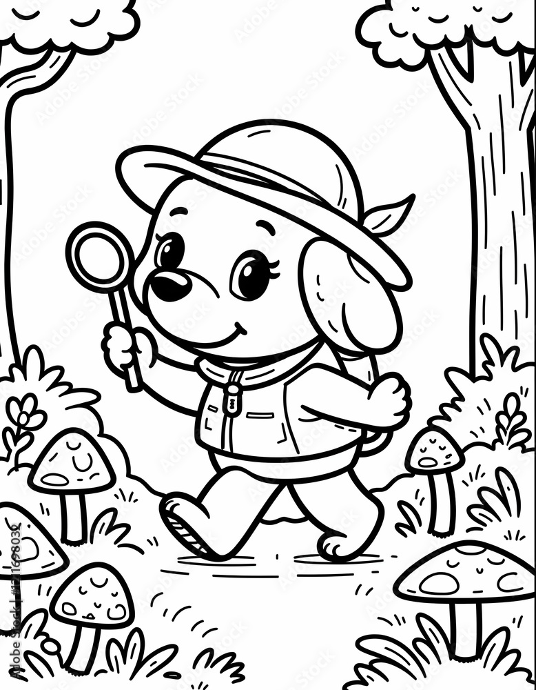 Adventure Puppy: A puppy with an adventurer's hat, a magnifying glass in his hand, and a small bird on his shoulder, walks through a small forest full of mushrooms and flowers. Adventure Puppy: A puppy with an adventurer's hat, a magnifying glass in his hand, and a small bird on his shoulder, walks through a small forest full of mushrooms and flowers.