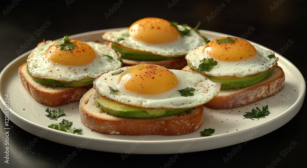 Delicious toasted bread topped with fried eggs and avocado slices ready for breakfast Delicious toasted bread topped with fried eggs and avocado slices ready for breakfast