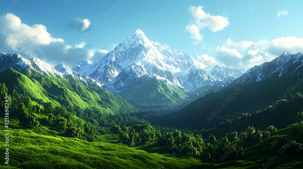 Obraz premium Majestic Snow-Capped Mountains Surrounded by Lush Green Landscape