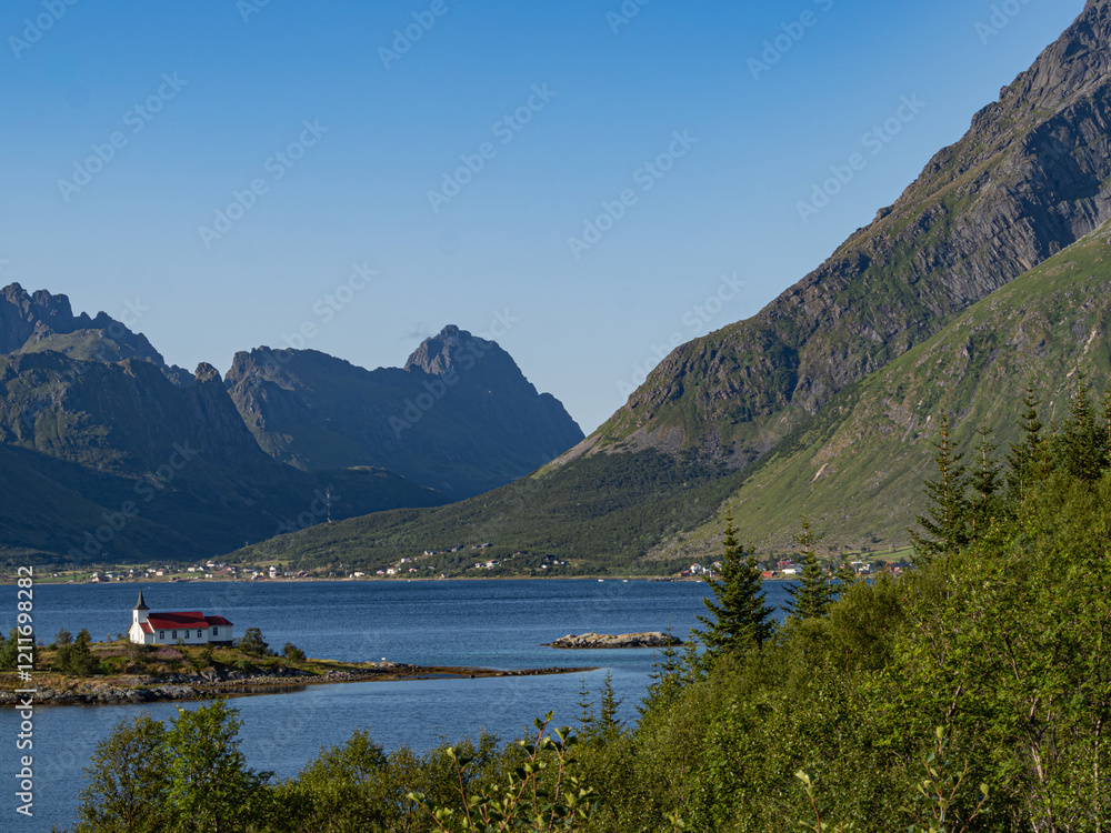 Austnesfjorden, fjord in Vagan, Nortland, Norway. Sildpollnes Church