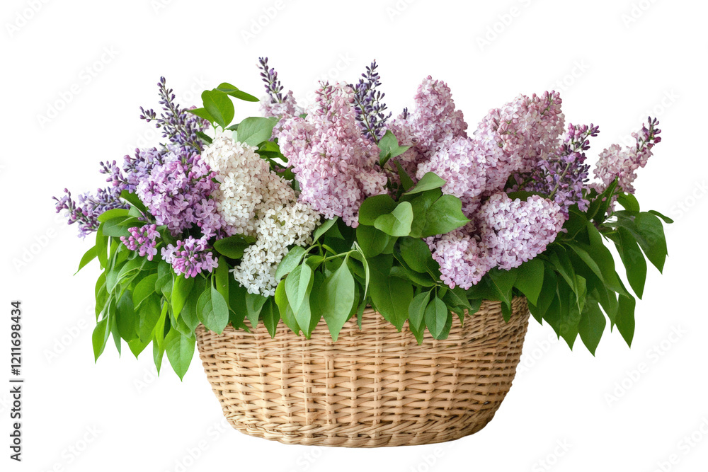 Beautiful lilac flowers arranged in a woven basket showcasing spring colors isolated on transparent background