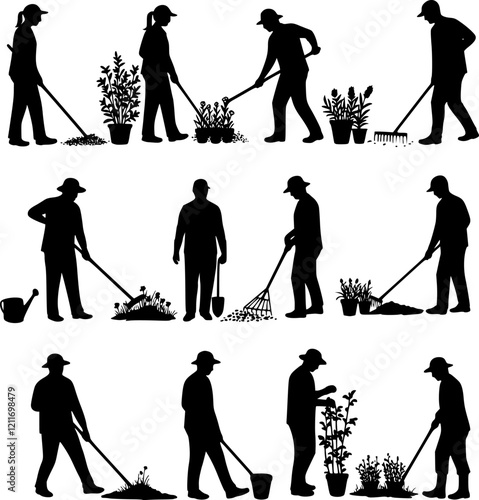 Set of black silhouettes of gardeners working in garden.