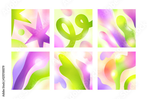 Abstract gradient mesh backgrounds with flowing blur shapes, dynamic fluid. C...