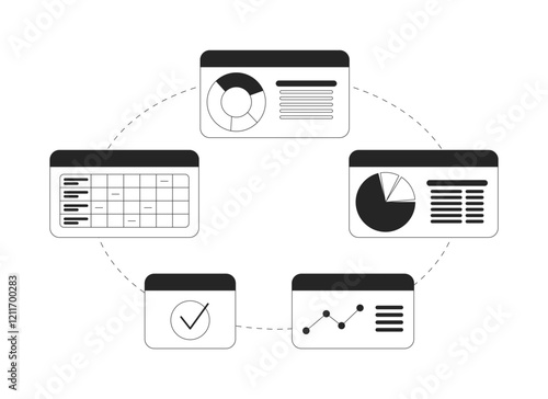 Interconnected circular business dashboard workflow black and white 2D line object. Data analysis. Information management isolated clip art vector outline item. Monochromatic spot illustration