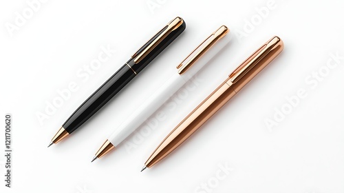 Sleek Black, White, and Rose Gold Pens on White Background photo