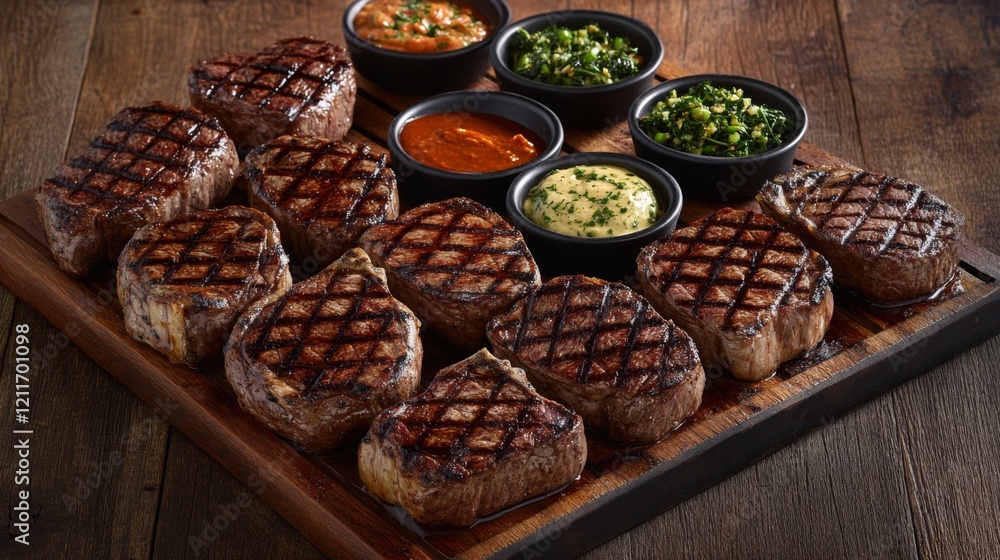 A delicious platter of assorted grilled steaks served with a variety of dipping sauces, highlighting the diverse flavors and cuts of meat available A delicious platter of assorted grilled steaks served with a variety of dipping sauces, highlighting the diverse flavors and cuts of meat available