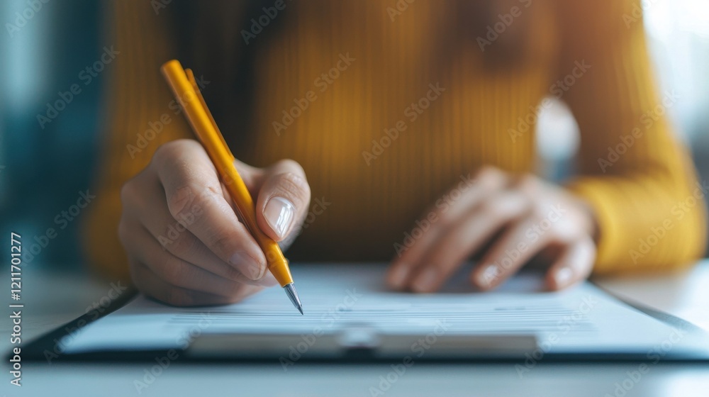 A person writes with a yellow pencil on a clipboard, focused on the task at hand, showcasing a moment of concentration and creativity. A person writes with a yellow pencil on a clipboard, focused on the task at hand, showcasing a moment of concentration and creativity.