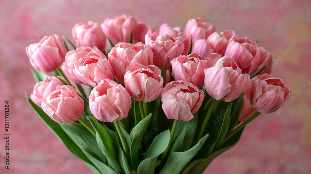 A stunning bouquet of pink tulips flourishes in full bloom, thoughtfully arranged to highlight their delicate petals. The gentle backdrop enhances the springtime feel, radiating warmth and joy A stunning bouquet of pink tulips flourishes in full bloom, thoughtfully arranged to highlight their delicate petals. The gentle backdrop enhances the springtime feel, radiating warmth and joy