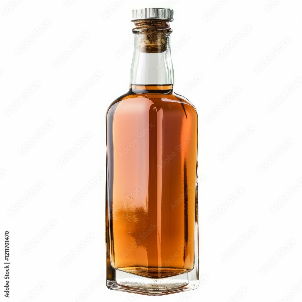 Studio shot of an amber colored alcohol bottle on a white background, featuring a cork and metal cap Studio shot of an amber colored alcohol bottle on a white background, featuring a cork and metal cap