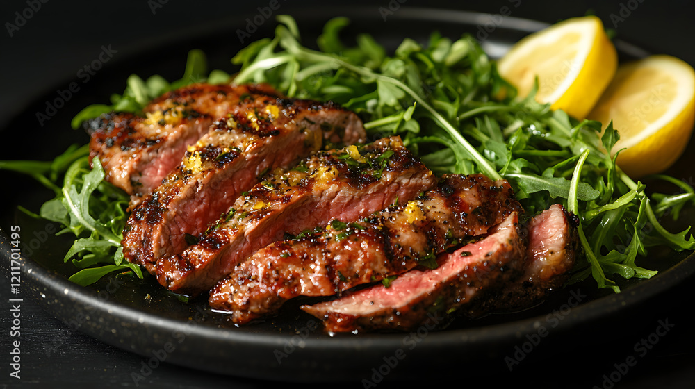 Savory Cotoletta Served On Dark Matte Plate With Fresh Greens Savory Cotoletta Served On Dark Matte Plate With Fresh Greens