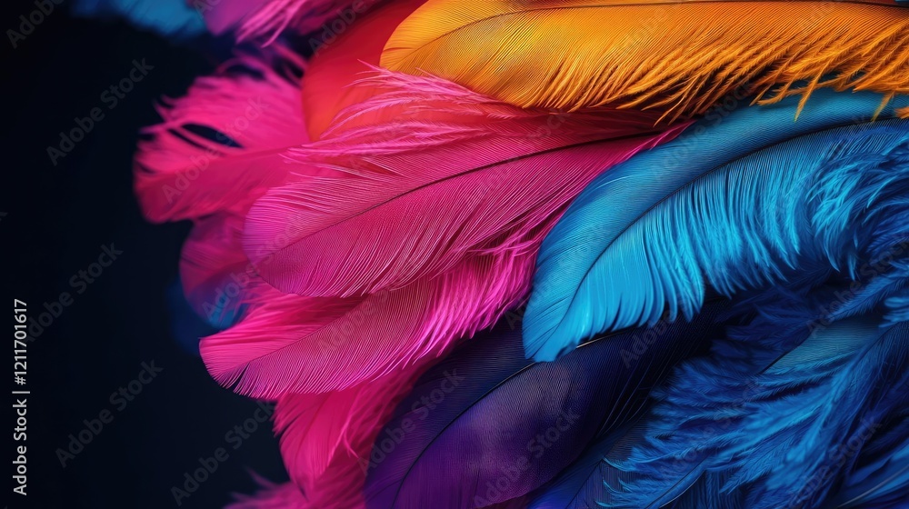 Carnival celebration concept. Vibrant and colorful feathers layered together, showcasing vivid hues and textures. Carnival celebration concept. Vibrant and colorful feathers layered together, showcasing vivid hues and textures.