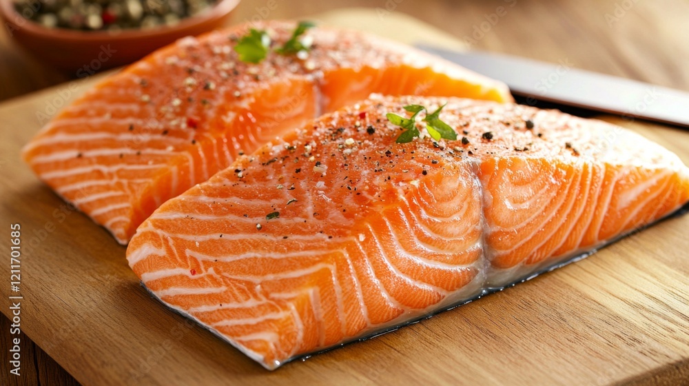 A detailed shot of a salmon filet being sliced with a sharp knife on a wooden cutting board, showcasing the fresh, flaky texture and rich color of the fish A detailed shot of a salmon filet being sliced with a sharp knife on a wooden cutting board, showcasing the fresh, flaky texture and rich color of the fish