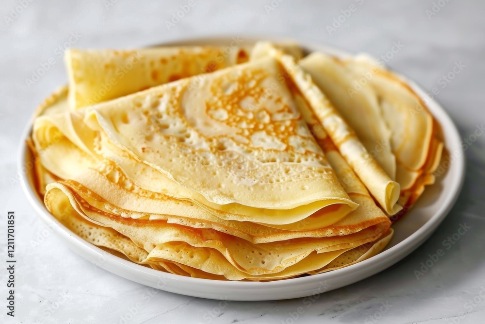 Delicious homemade crepes stacked neatly on a white plate, ready to be served for breakfast or dessert Delicious homemade crepes stacked neatly on a white plate, ready to be served for breakfast or dessert