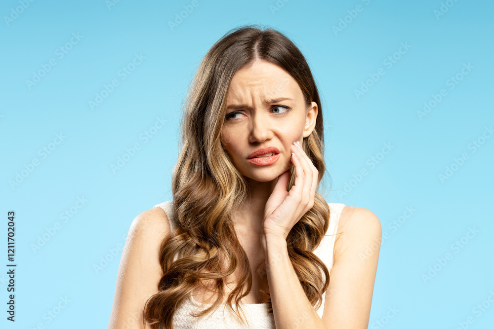 Fototapeta premium Young Woman Suffering From Toothache Touching Cheek on Blue Background