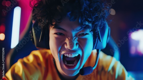 An esports gamer in action, with a colorful gaming setup and focused expression. photo