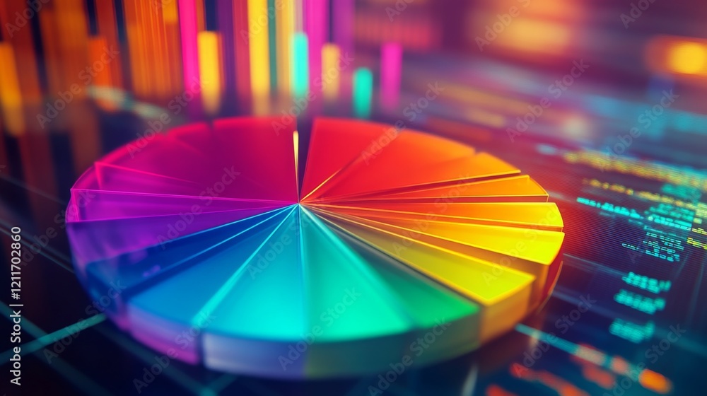 Obraz premium A dynamic financial pie chart with bright, segmented slices showing business income allocation, overlaid on a blurred stock market graph for a high-tech feel.
