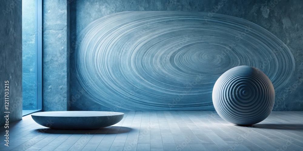 Fototapeta premium Serene Minimalist Interior Design with Circular Abstract Wall Art and Sculptural Elements